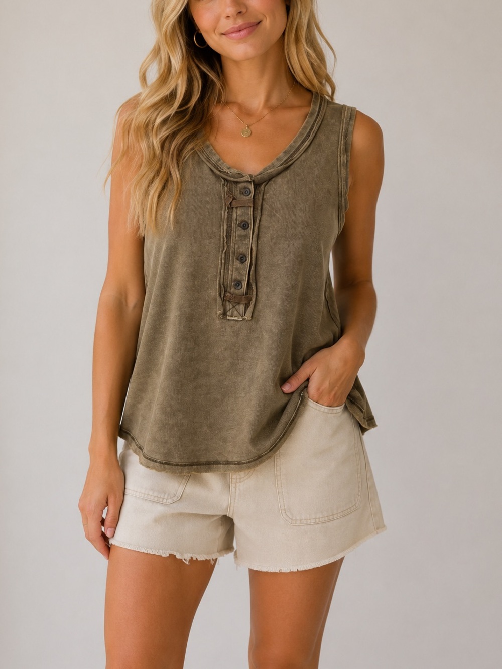 Zenana Outfitters Taupe Acid Washed Tank Size Small